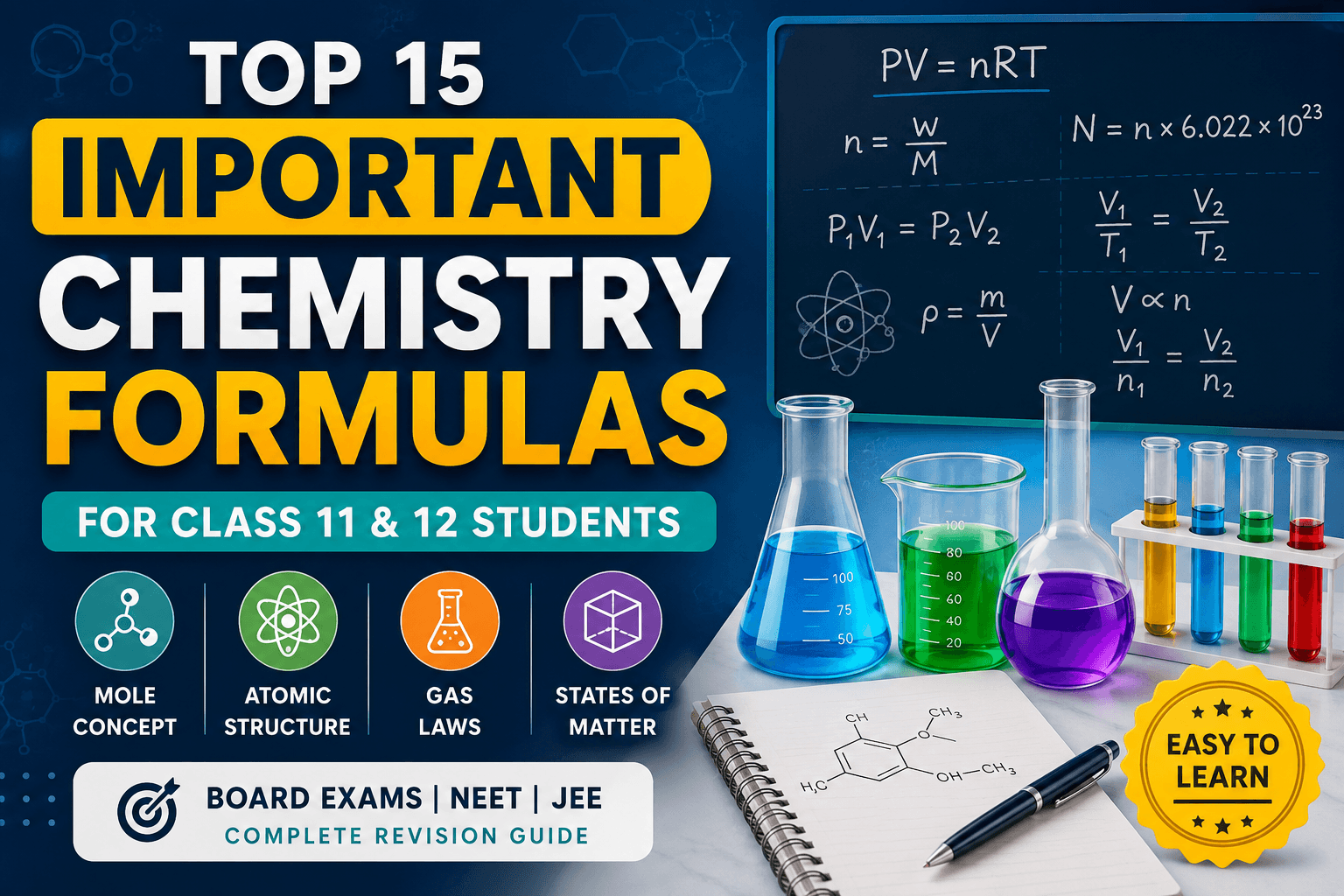 Top 15 Most Important Chemistry Formulas for Class 11 & 12 Students (Hinglish) | Board, NEET & JEE Revision Notes
